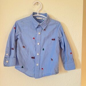 Janie and Jack Baby Boy Button Down Shirt 12–18M Blue Embroidered Cotton